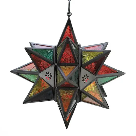 14" Jewel Toned Moroccan Style Hanging Star Candle Lantern {1}