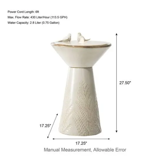 Glitzhome&reg; 27.5" LED Bird Pedestal Ceramic Fountain Beige {9}