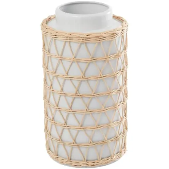 15" White & Woven Rattan Ceramic Handmade Vase {1}