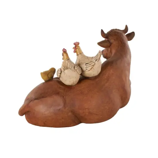 11.5" Copper Cow Decorative Sculpture with Sitting Roosters & Chicks {7}