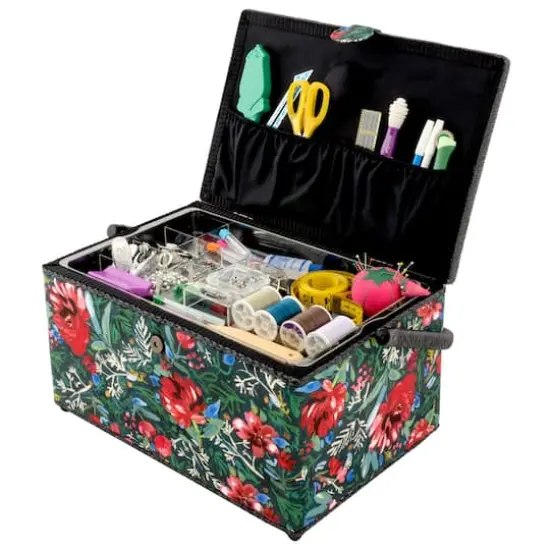 Dritz&reg; Green & Red Floral Extra Large Sewing Basket with Removable Tray {4}