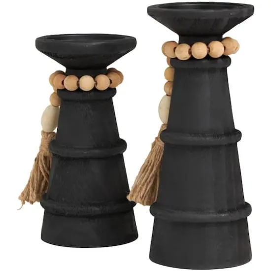 Black Wood Handmade Textured Matte Candle Holder with Beaded Garland Accent Set {3}