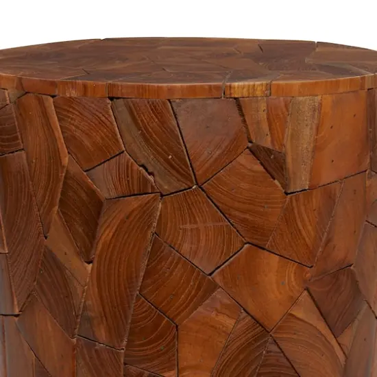 16.5" Round Block-Style Brown Teak Wood Mosaic Side Table {5}