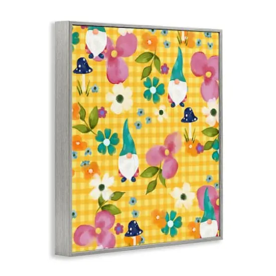 Stupell Industries Yellow Tartan Patterned Spring Gnomes Mushrooms Framed Giclee Art Gray {4}