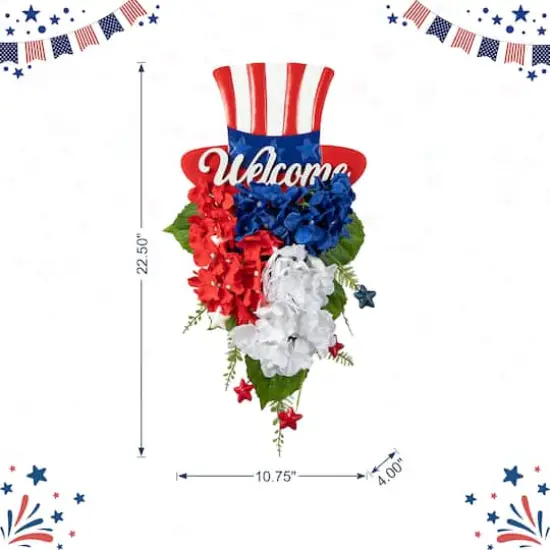 Glitzhome&reg; 22.5" Patriotic Americana Metal Top Hat & Hydrangea Swag Wall D&eacute;cor {4}