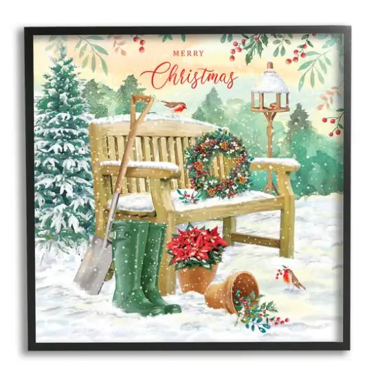 Stupell Industries Merry Christmas Winter Bench Framed Giclee Art Black {1}