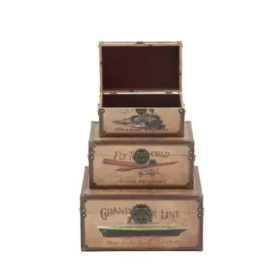 Set of 3" Brown Wood Vintage Trunk, 17", 15", 12" {3}