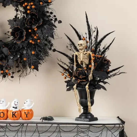 Glitzhome&reg; 22"H Halloween Black Rose, Skeleton and Berry Urn Table Tree {3}
