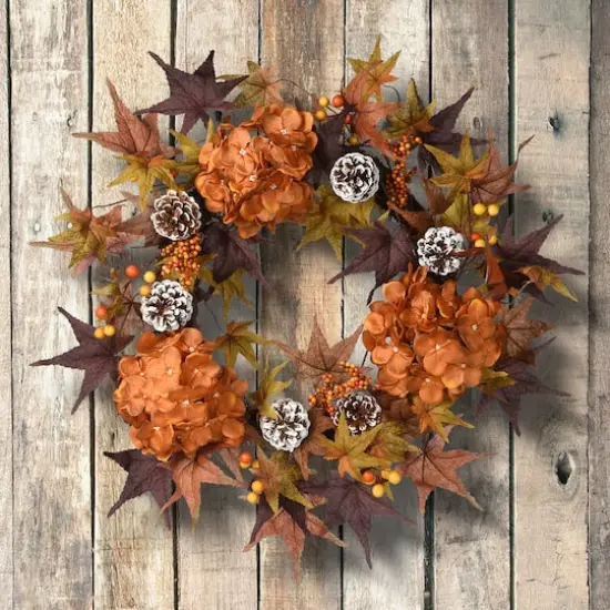 24" Harvest Hydrangea and Maple Leaves Wreath {3}