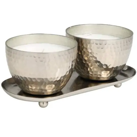 Sweet Bamboo Scented Candles in Silver Hammered Bowls Set {3}