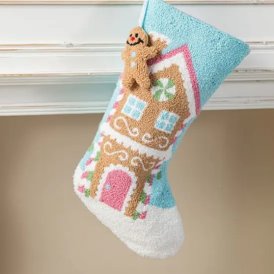 Glitzhome® 21"L Hooked Gingerbread House Stocking with Gingerbread Man Ornament {5}