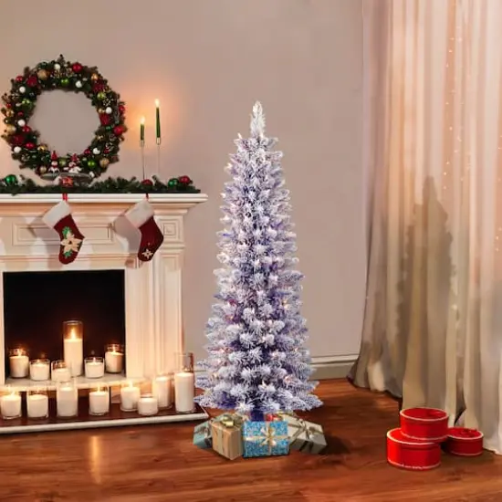 4.5ft. Pre-Lit Flocked Fashion Purple Pencil Artificial Christmas Tree, Clear Lights {4}