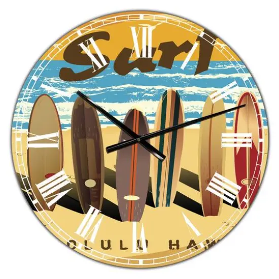 Designart 'Surfing In Honolulu Hawaii Large Nautical & Coastal Wall Clock {1}
