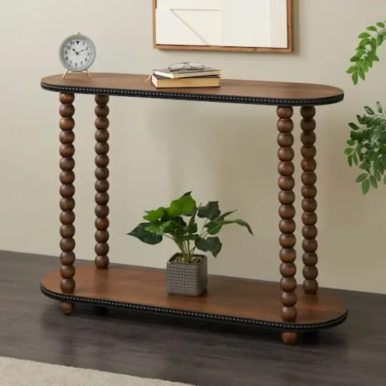 47" Brown Wood Oval Spindle 1-Shelf Living Room Console Table with Beaded Edges {3}