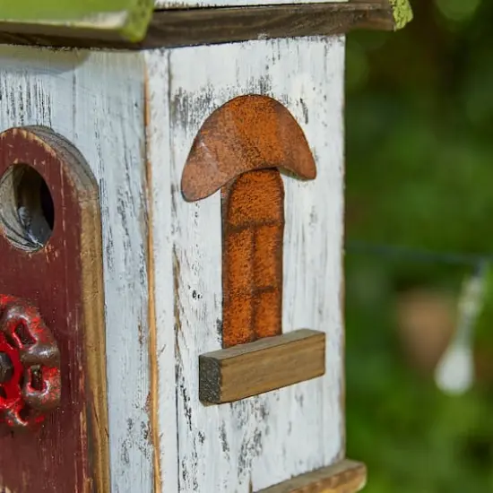 Glitzhome&reg; 15.75" White & Green Distressed Wood Birdhouse {7}