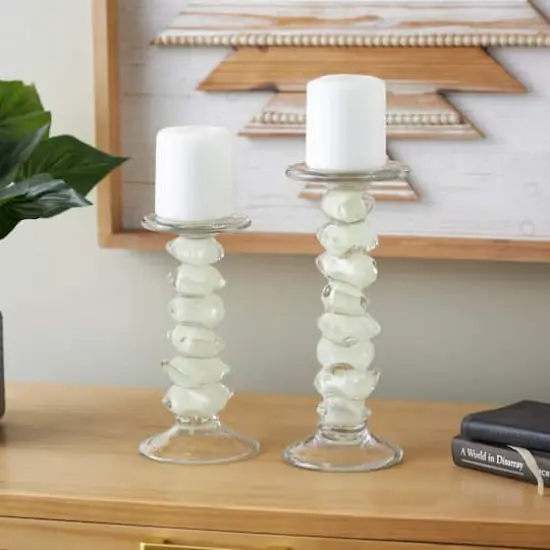 Green Glass Stacked Stone Candle Holder Set {3}