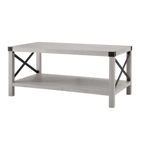 Stone Gray Metal X Rustic Wood Coffee Table {5}