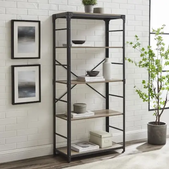 Walker Edison 64" Graywash Angle Iron Industrial Bookcase {8}
