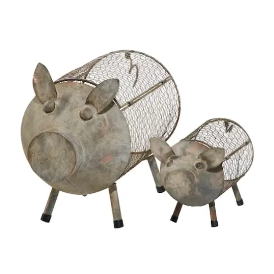Gray Distressed Metal Farmhouse Pig Planter Set {1}