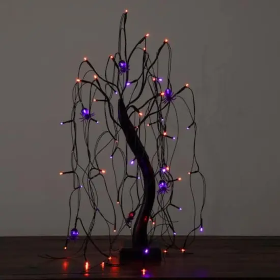 2ft. Pre-Lit Halloween Artificial Black Spooky Spider Willow Tree with 60 Orange & Purple LED Lights {8}