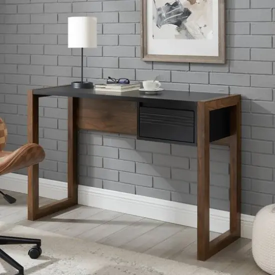 Walker Edison 46" Dark Walnut/Solid Black Fluted Drawer Writing Desk {5}