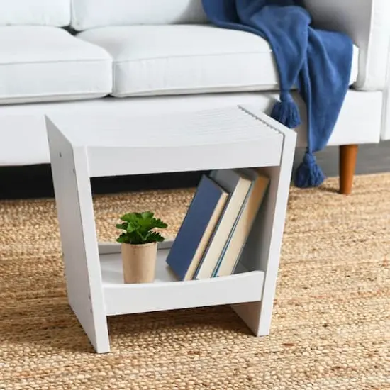 Hello Honey&reg; 18" Modern Slatted Solid Wood Stool With Storage Shelf White Finish {3}
