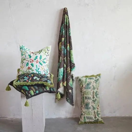 Hello Honey&reg; 20" Evergreens Printed Two-Sided Viscose & Linen Pillow with Tassels {3}