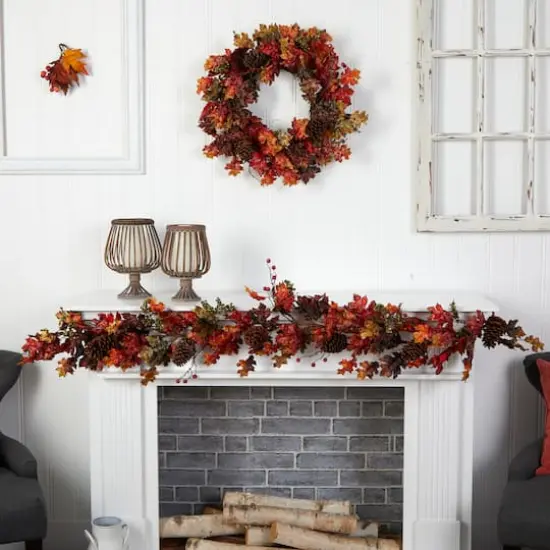 6ft. Autumn Maple Leaves, Berry & Pinecones Fall Garland {3}