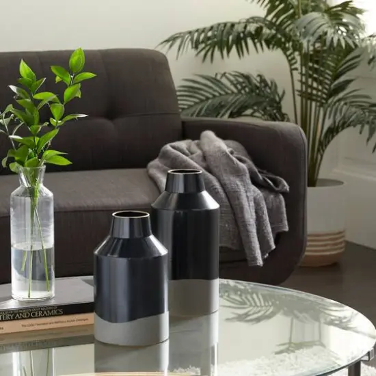 Set of 2 Black Metal Contemporary Vase, 10", 12" {8}