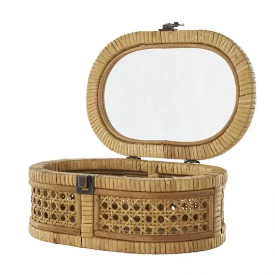Brown Oval Rattan Storage Box Set with Pane Panels & Glass Tops {6}