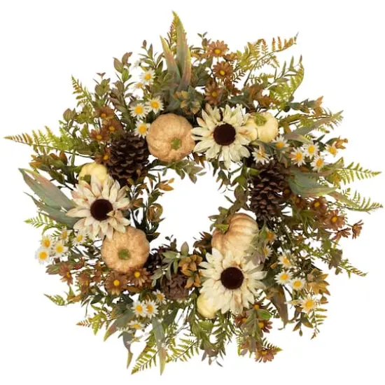 28" White Sunflowers & Pumpkins Fall Harvest Wreath {1}