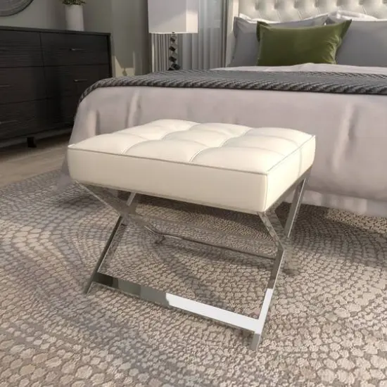 19" Leather Stool with Stainless Steel Supports White {10}