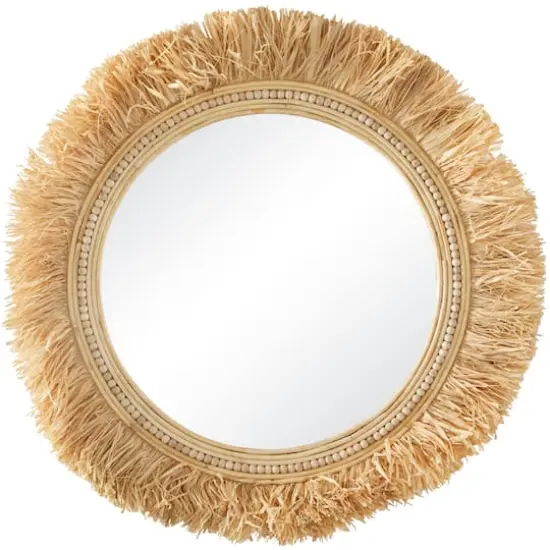 Light Brown Seagrass Wall Mirror with Fringe Detailing 35" x 1" x 35" {1}