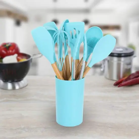 MegaChef Light Teal Silicone & Wood Cooking Utensils Set, 12ct. {5}