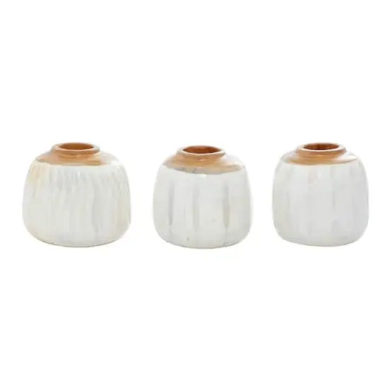Set of 3 White Teak Wood Coastal Style Vase 6", 7" {7}