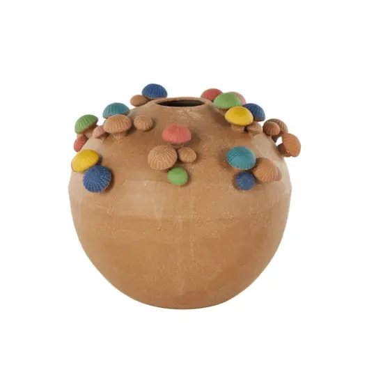 13" Brown Ceramic Round Wide Decorative Vase with Multicolor Mushroom Accents {4}