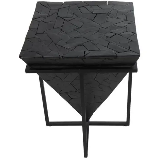 22" Black Teak Wood Geometric Handmade Inverted Pyramid Accent Table with Black Metal Base {3}