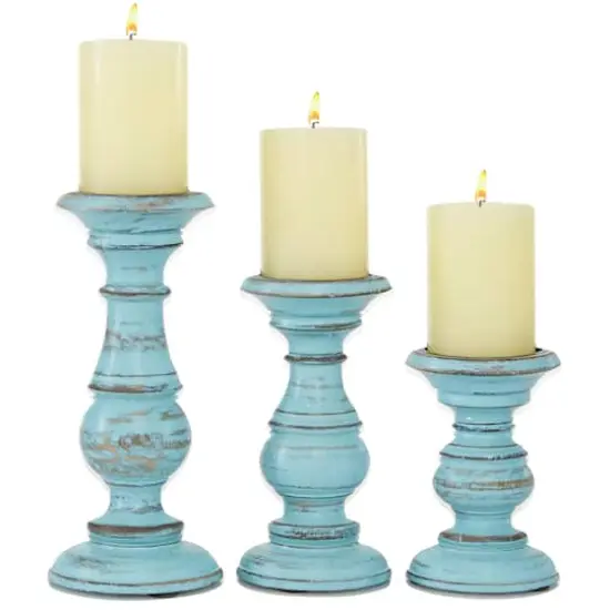 Mango Wood Traditional Candle Holder Set Light Blue {1}
