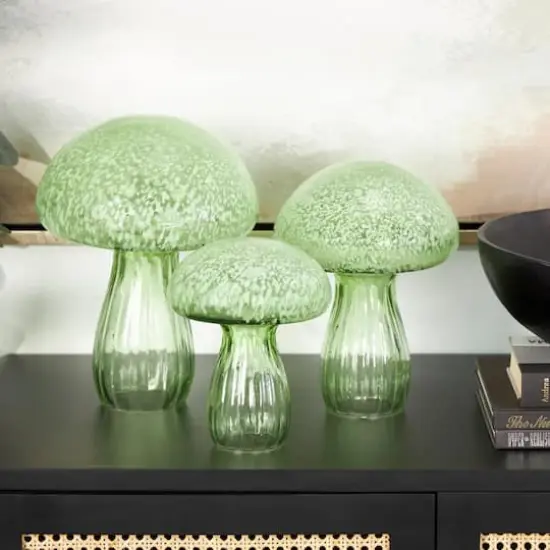 Green Textured Glass Mushroom Sculpture Set {3}