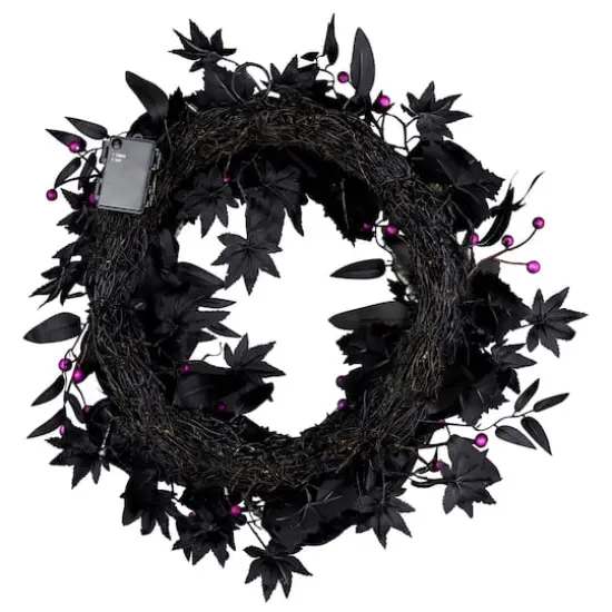 24" Bad to the Bone Black Flower & Skeleton Hand Halloween Pre-Lit LED Wreath {5}