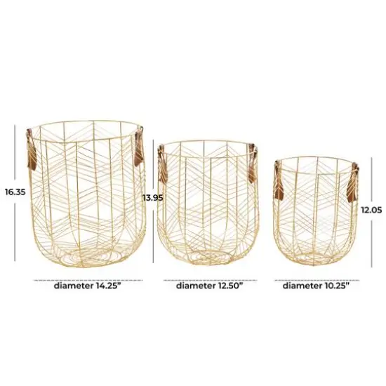 CosmoLiving by Cosmopolitan Gold Metal Storage Basket with Faux Leather Handles Set of 3 16", 14", 12" {7}