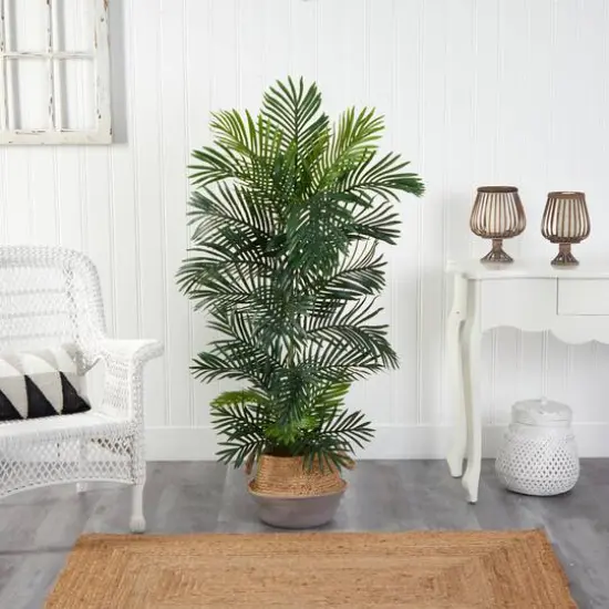 5ft. Areca Artificial Palm Tree in Boho Chic Handmade Cotton & Jute Gray Woven Planter UV Resistant (Indoor/Outdoor) {4}