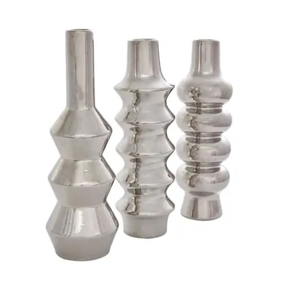 Silver Ceramic Abstract Bubble Ribbed Vase Set {4}