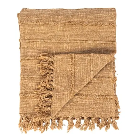 Hello Honey&reg; Beige Stonewashed Woven Cotton Slub Throw with Pom Pom Trim & Fringe {5}