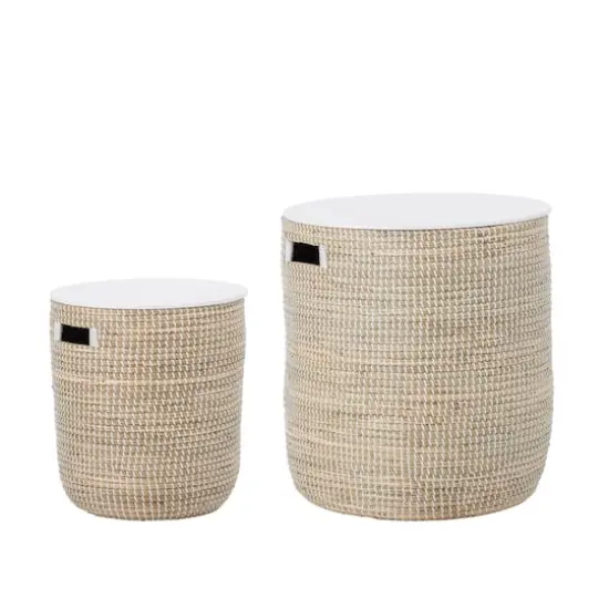Hello Honey&reg; Beige Seagrass Tables with Storage & Wood Tops Set {1}