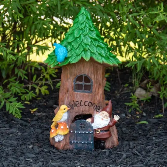 14" Solar Lighted Welcome Gnome Tree House Outdoor Garden Statue {3}