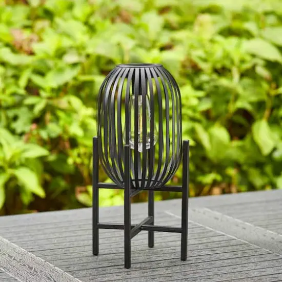 Glitzhome® 14.25" Black Slim Metal Stripes Solar Powered Edison Bulb Outdoor Lantern {3}