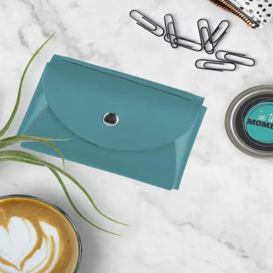 JAM Paper Italian Leather Business Card Holder Case with Round Flap Teal Blue {7}