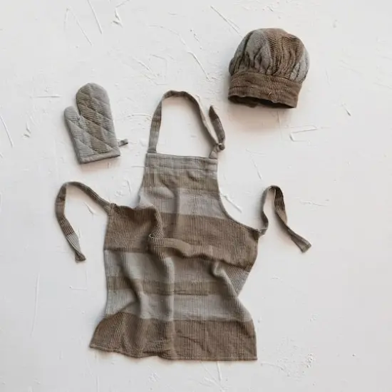 Hello Honey&reg; Beige & Gray Child Apron, Chef Hat & Oven Mitt Set {4}