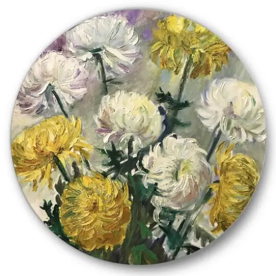 Designart - White and Golden Daisies - Traditional Metal Circle Wall Art {4}